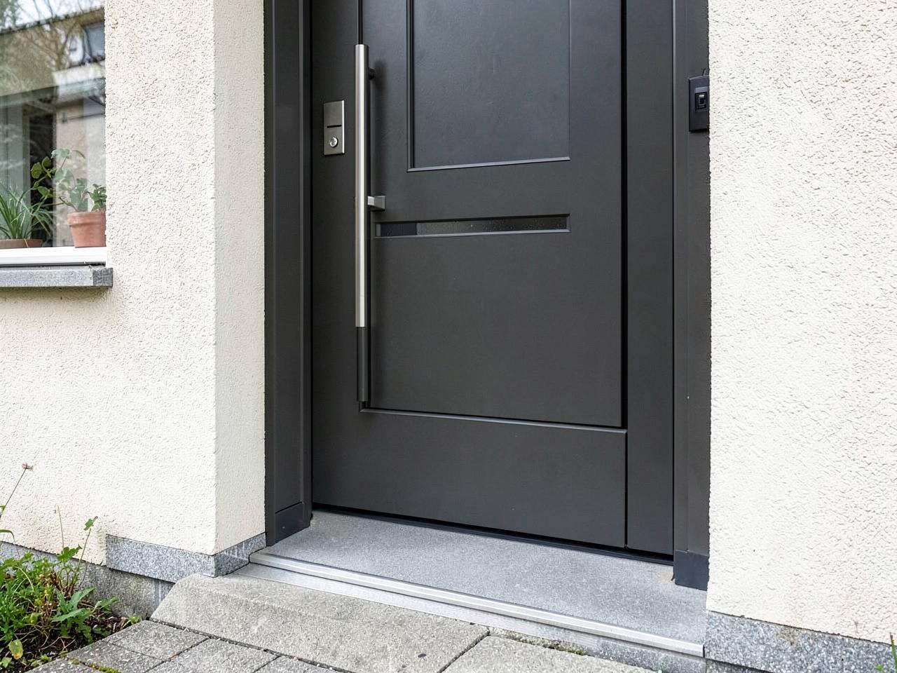 Montierte Haustür mit Schwellen- und Wandanschluss