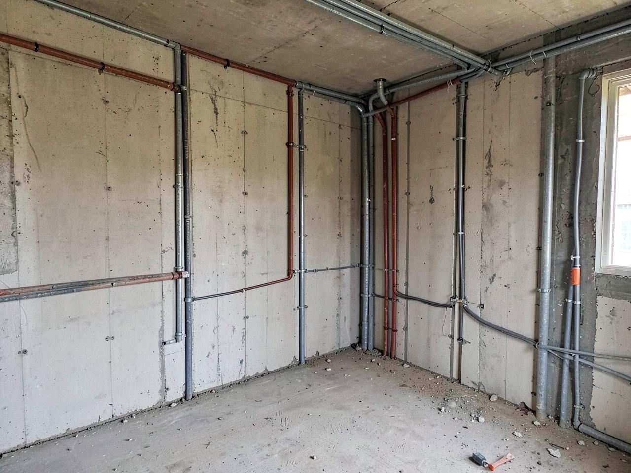Ausbauphase mit verlegten Leitungen im Rohbau