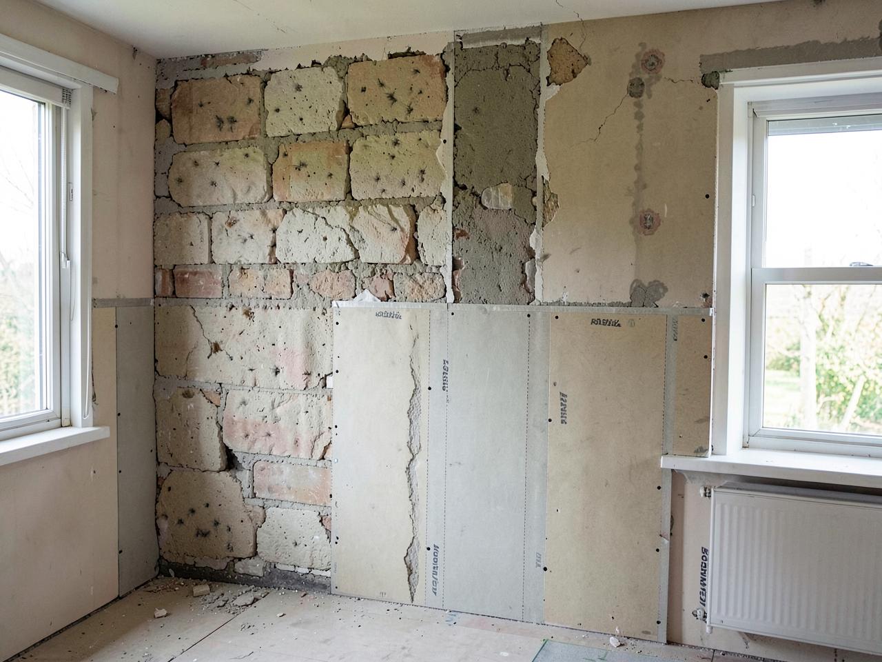 Bestandswand freigelegt, nachträgliche Innendämmung im Aufbau